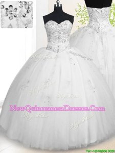 White Tulle Lace Up Sweetheart Sleeveless Floor Length Quinceanera Gown Beading and Appliques