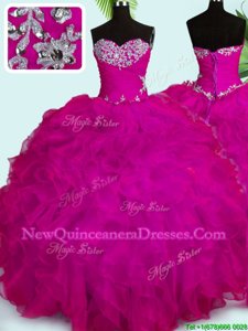 Dazzling Fuchsia Sweet 16 Dresses Military Ball and Sweet 16 and Quinceanera and For withBeading and Ruffles Sweetheart Sleeveless Lace Up