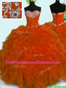 Sweet Rust Red Lace Up Sweetheart Beading and Ruffles Ball Gown Prom Dress Organza Sleeveless