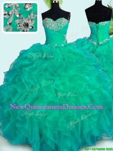 Adorable Turquoise Sleeveless Organza Lace Up Quinceanera Gown for Military Ball and Sweet 16 and Quinceanera