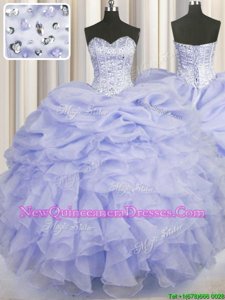 Elegant Lavender Sleeveless Organza Lace Up Quinceanera Gowns for Military Ball and Sweet 16 and Quinceanera