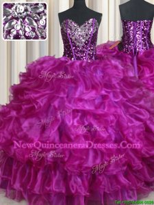 Clearance Floor Length Lace Up Sweet 16 Dress Fuchsia and In forSweet 16 and Quinceanera withBeading and Ruffles