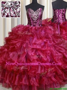 Enchanting Hot Pink Lace Up Sweetheart Beading and Ruffles Ball Gown Prom Dress Organza Sleeveless