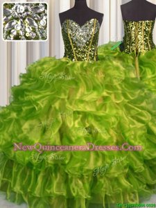 Gorgeous Olive Green Ball Gowns Sweetheart Sleeveless Organza Floor Length Lace Up Beading and Ruffles Sweet 16 Dress