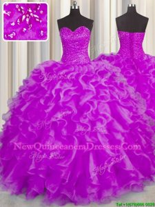 Hot Sale Fuchsia Ball Gowns Sweetheart Sleeveless Organza Floor Length Lace Up Beading and Ruffles Ball Gown Prom Dress