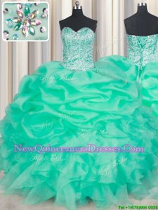 Fantastic Sweetheart Sleeveless Quinceanera Gown Floor Length Beading and Ruffles and Pick Ups Aqua Blue Organza