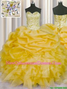 Simple Pick Ups Floor Length Gold Sweet 16 Quinceanera Dress Sweetheart Sleeveless Lace Up