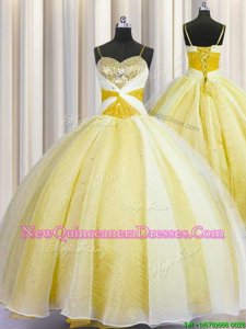 Artistic Yellow Lace Up Spaghetti Straps Beading and Ruching Vestidos de Quinceanera Organza Sleeveless