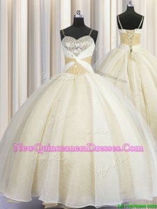 Stylish Spaghetti Straps Sleeveless Lace Up Floor Length Beading and Ruching 15th Birthday Dress