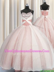 Floor Length Pink Quinceanera Dresses Spaghetti Straps Sleeveless Lace Up