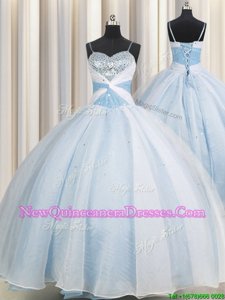 High Class Light Blue Sweet 16 Quinceanera Dress Military Ball and Sweet 16 and Quinceanera and For withBeading and Ruching Spaghetti Straps Sleeveless Lace Up