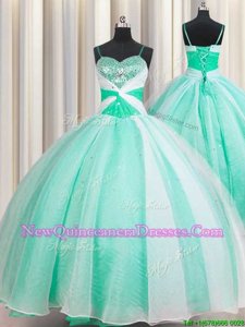 Fine Spaghetti Straps Apple Green Sleeveless Organza Lace Up Vestidos de Quinceanera for Military Ball and Sweet 16 and Quinceanera