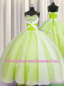 Elegant Spaghetti Straps Sleeveless Lace Up 15th Birthday Dress Yellow Green Organza