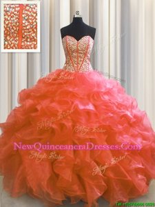 Customized Visible Boning Red Ball Gowns Beading and Ruffles Ball Gown Prom Dress Lace Up Organza Sleeveless Floor Length