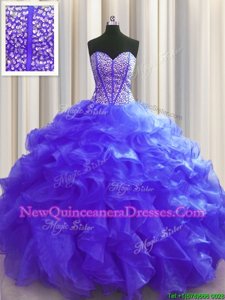 Traditional Visible Boning Floor Length Lace Up Quinceanera Dresses Purple and In for Military Ball and Sweet 16 and Quinceanera withBeading and Ruffles