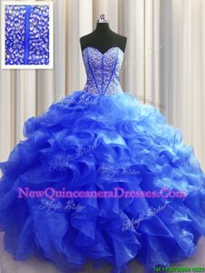 Visible Boning Floor Length Lace Up Quinceanera Dresses Royal Blue and In for Military Ball and Sweet 16 and Quinceanera withBeading and Ruffles