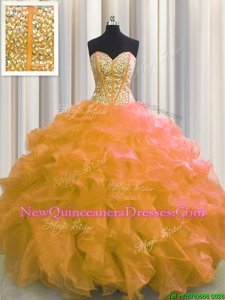 Glittering Visible Boning Sweetheart Sleeveless Organza Quinceanera Gown Beading and Ruffles Lace Up