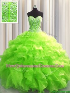 Visible Boning Sweetheart Sleeveless Lace Up Quince Ball Gowns Spring Green Organza