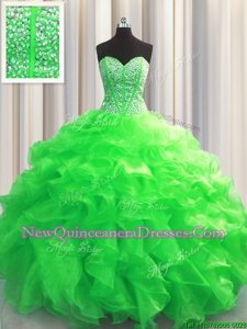 Inexpensive Visible Boning Beading and Ruffles Sweet 16 Dress Green Lace Up Sleeveless Floor Length