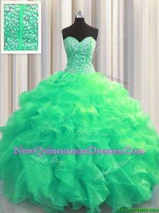 Sexy Visible Boning Sleeveless Organza Floor Length Lace Up Sweet 16 Dress inTurquoise withBeading and Ruffles