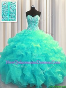 Elegant Visible Boning Sleeveless Organza Floor Length Lace Up Quinceanera Gown inAqua Blue withBeading and Ruffles