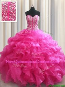 Visible Boning Floor Length Lace Up 15 Quinceanera Dress Hot Pink and In for Military Ball and Quinceanera withBeading and Ruffles