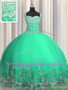 Smart Turquoise Sleeveless Organza Lace Up 15 Quinceanera Dress for Military Ball and Sweet 16 and Quinceanera