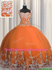 Unique Orange Ball Gowns Beading and Appliques Quinceanera Dress Lace Up Tulle Sleeveless Floor Length