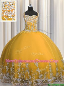 Classical Beading and Appliques Quinceanera Dresses Gold Lace Up Sleeveless Floor Length