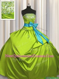 Fitting Bowknot Floor Length Yellow Green Vestidos de Quinceanera Strapless Sleeveless Lace Up