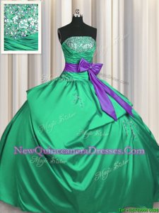 Perfect Green Satin Lace Up Sweet 16 Quinceanera Dress Sleeveless Floor Length Beading and Pick Ups and Bowknot