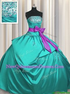 Luxurious Turquoise Quinceanera Gowns Military Ball and Sweet 16 and Quinceanera and For withBeading and Ruching and Bowknot Strapless Sleeveless Lace Up