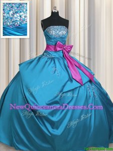 Trendy Bowknot Teal Sleeveless Taffeta Lace Up Quinceanera Dress for Military Ball and Sweet 16 and Quinceanera