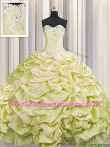 Brush Train Sweetheart Sleeveless Quinceanera Dresses Sweep Train Beading and Pick Ups Light Yellow Taffeta