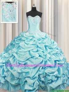 Low Price Brush Train Lace Up Ball Gown Prom Dress Aqua Blue and In for Military Ball and Sweet 16 and Quinceanera withBeading and Pick Ups Sweep Train