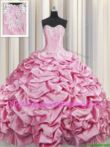 Traditional Beading and Pick Ups Ball Gown Prom Dress Rose Pink Lace Up Sleeveless Brush Train