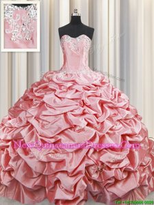 Attractive Sleeveless Taffeta Brush Train Lace Up 15th Birthday Dress inBaby Pink withBeading and Pick Ups