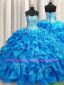 Delicate Visible Boning Lace Up Sweet 16 Dresses Baby Blue and In for Military Ball and Sweet 16 and Quinceanera withBeading and Ruffles Brush Train