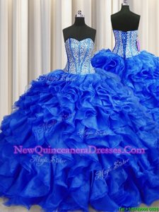 Colorful Visible Boning Spring and Summer and Fall and Winter Organza Sleeveless Quinceanera Gown Brush Train andBeading and Ruffles