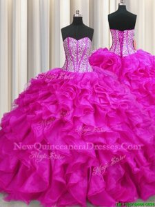 Admirable Visible Boning Fuchsia Lace Up Sweet 16 Dresses Beading and Ruffles Sleeveless Brush Train