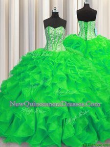 Luxury Visible Boning Green Organza Lace Up Quinceanera Gown Sleeveless Brush Train Beading and Ruffles