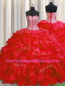 Artistic Visible Boning Red Sweetheart Lace Up Beading and Ruffles Quinceanera Dresses Sleeveless