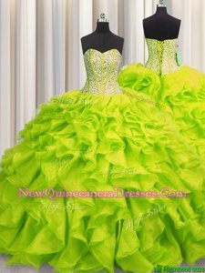 Sexy Visible Boning Yellow Green Sleeveless Organza Lace Up Quinceanera Gowns for Military Ball and Sweet 16 and Quinceanera