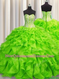Fancy Visible Boning Spring Green Ball Gowns Beading and Ruffles Quinceanera Dresses Lace Up Organza Sleeveless Floor Length