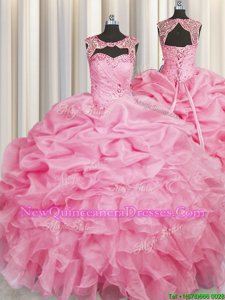 High End Scoop Rose Pink Ball Gowns Beading and Pick Ups Sweet 16 Quinceanera Dress Lace Up Organza Sleeveless Floor Length