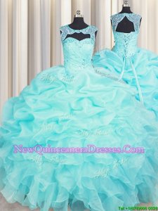 Stylish Scoop Sleeveless Organza Floor Length Lace Up Quinceanera Dress inAqua Blue withBeading and Pick Ups