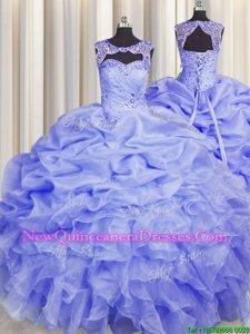 Popular Scoop Sleeveless Ball Gown Prom Dress Floor Length Beading and Pick Ups Lavender Organza