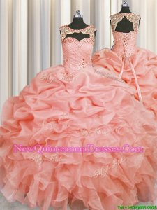 Superior Scoop Baby Pink Lace Up Quinceanera Gown Beading and Pick Ups Sleeveless Floor Length