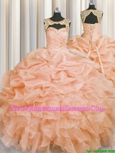 Gorgeous Peach Lace Up Scoop Beading and Pick Ups Vestidos de Quinceanera Organza Sleeveless