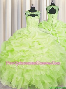 Fantastic Yellow Green Scoop Neckline Beading and Pick Ups Sweet 16 Dresses Sleeveless Lace Up